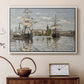 White floater framed canvas featuring a harbor view with tall ships lining the waterfront in muted tones, displayed above a cabinet in a soft-toned living room.