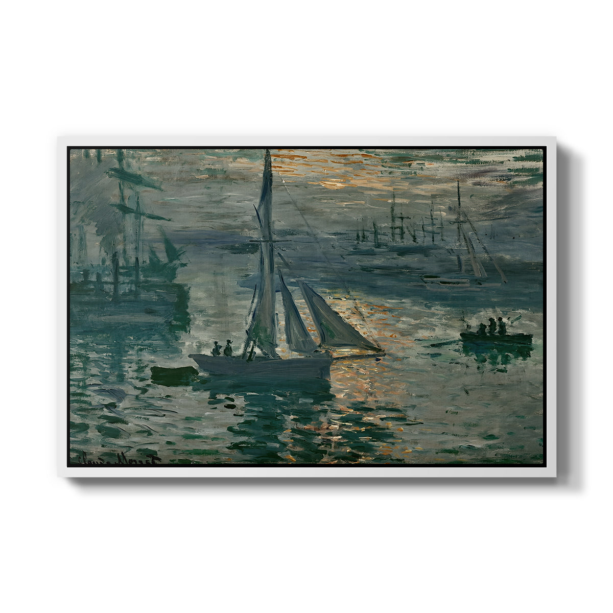 Sunrise (Marine), 1873 by Claude Monet in a white floater framed canvas wall art display.