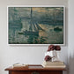 White floater framed canvas featuring Sunrise (Marine), 1873 by Claude Monet above an entryway table in a minimalist foyer.