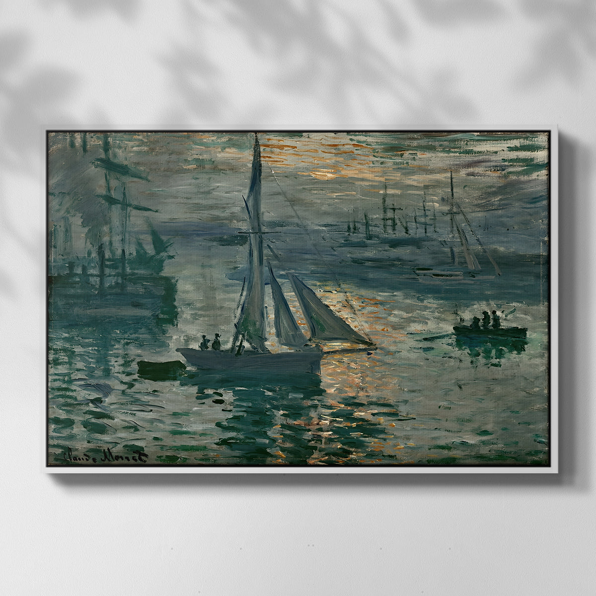 Front view of Sunrise (Marine), 1873 by Claude Monet in a white floater framed canvas.