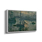 Angled view of Sunrise (Marine), 1873 by Claude Monet in a white floater framed canvas.