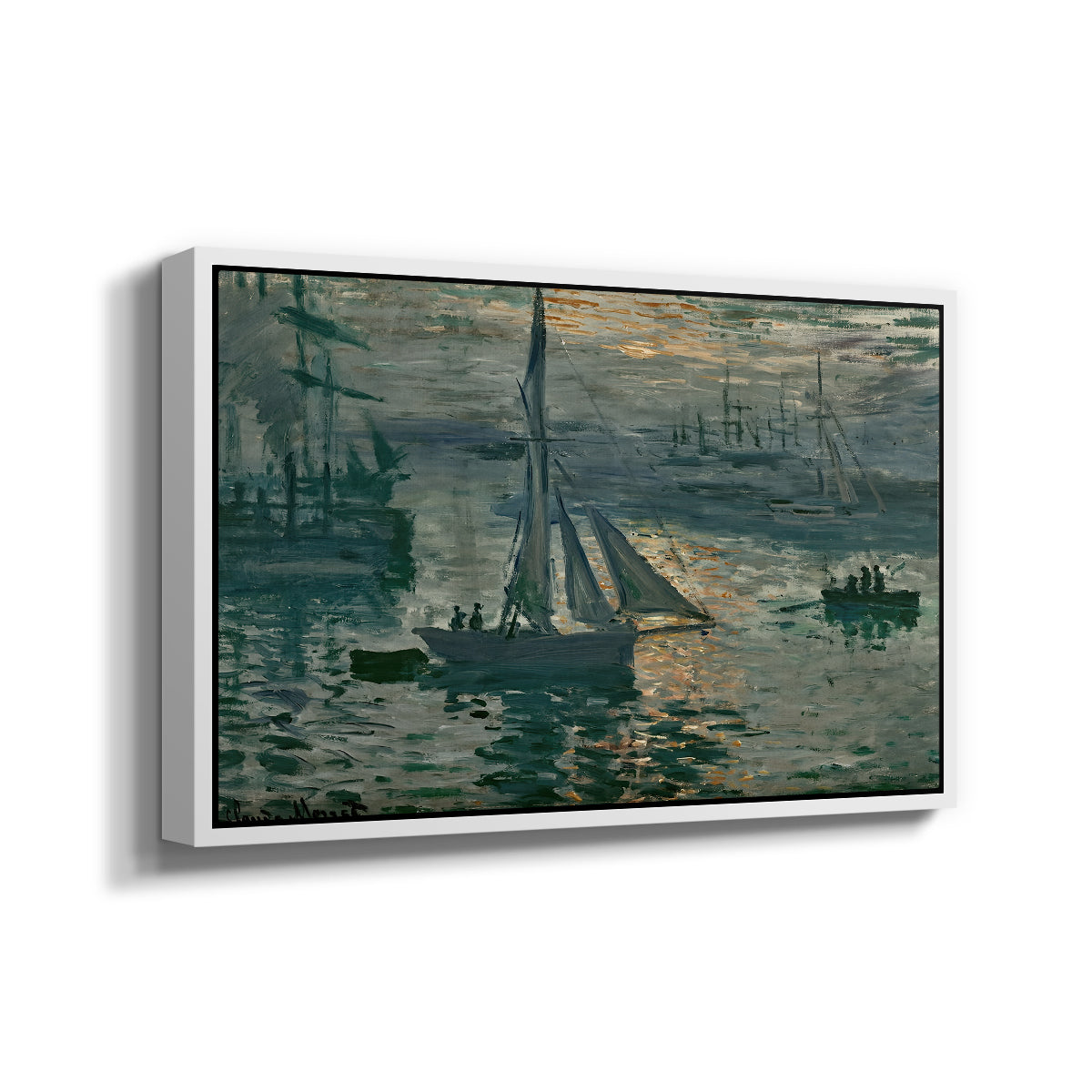 Angled view of Sunrise (Marine), 1873 by Claude Monet in a white floater framed canvas.
