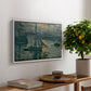Sunrise (Marine), 1873 by Claude Monet, presented in a white floater framed canvas featuring a hazy sunrise over harbor with boats silhouetted in soft morning light, displayed above a hallway console table.