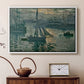 White floater framed canvas featuring an early morning harbor scene with boats and diffused light, displayed above a cabinet in a soft-toned living room.