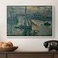Sunrise (Marine), 1873 by Claude Monet in a white floater framed canvas displayed above a console table in a hallway, featuring an atmospheric ocean view with sun rising through haze.