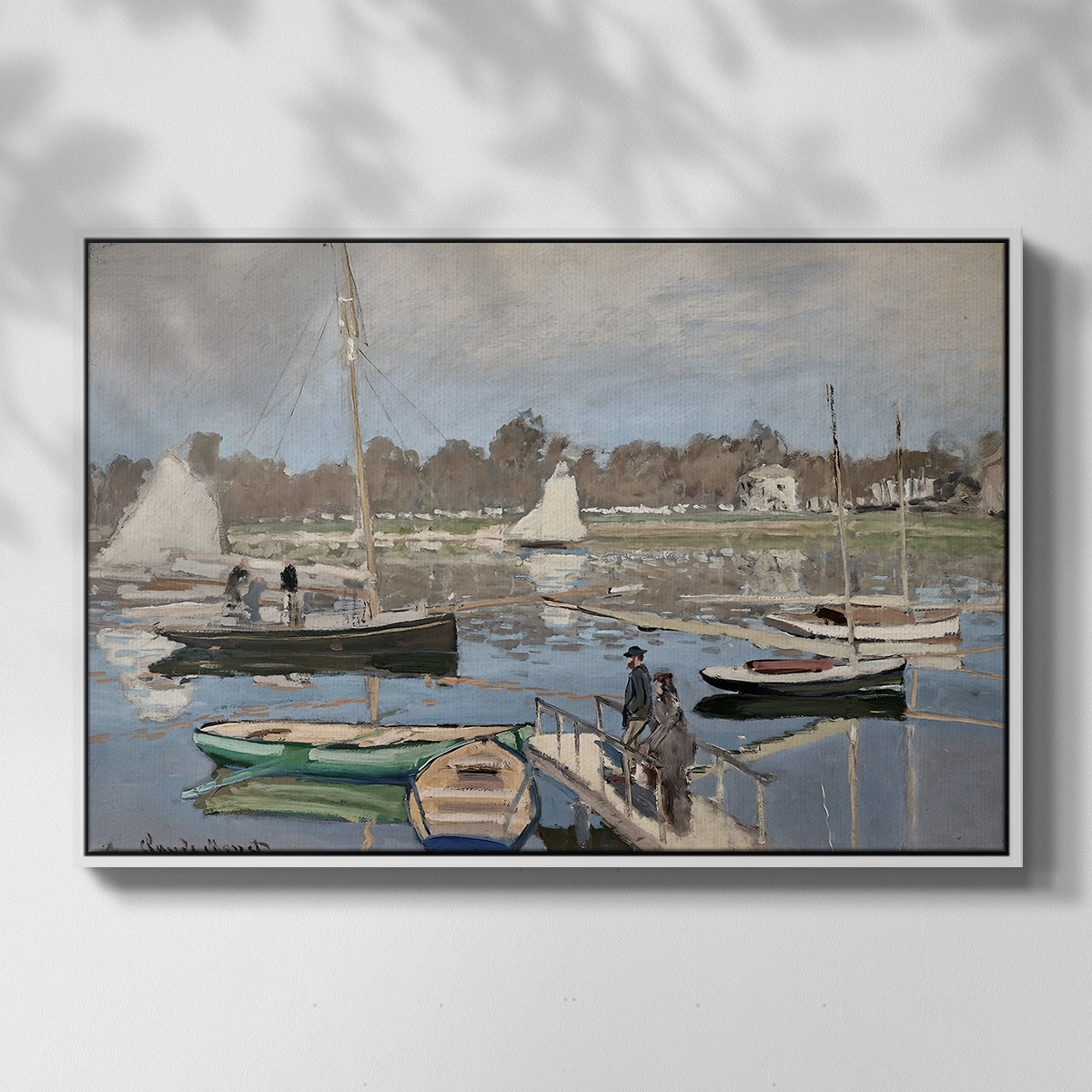 Front view of The Basin at Argenteuil, 1874 by Claude Monet in a white floater framed canvas.