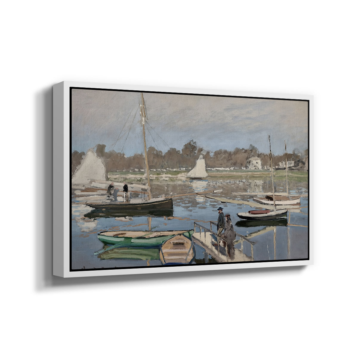 Angled view of The Basin at Argenteuil, 1874 by Claude Monet in a white floater framed canvas.
