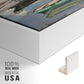 Close-up of the white floater frame corner and gallery wrapped canvas construction.