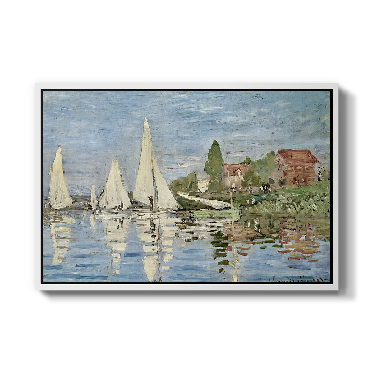 Regatta at Argenteuil, 1872 by Claude Monet in a white floater framed canvas wall art display.