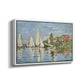 Angled view of Regatta at Argenteuil, 1872 by Claude Monet in a white floater framed canvas.