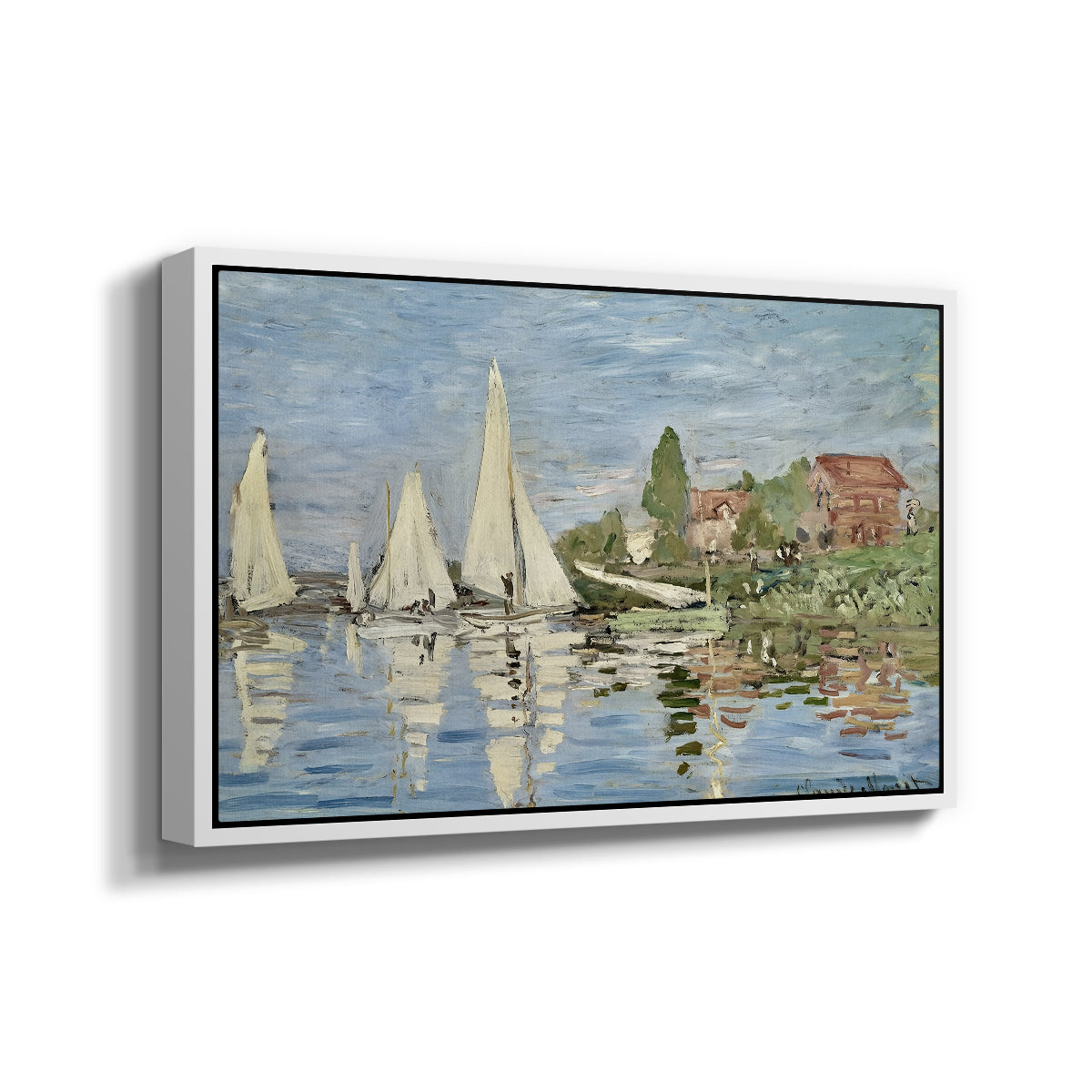 Angled view of Regatta at Argenteuil, 1872 by Claude Monet in a white floater framed canvas.