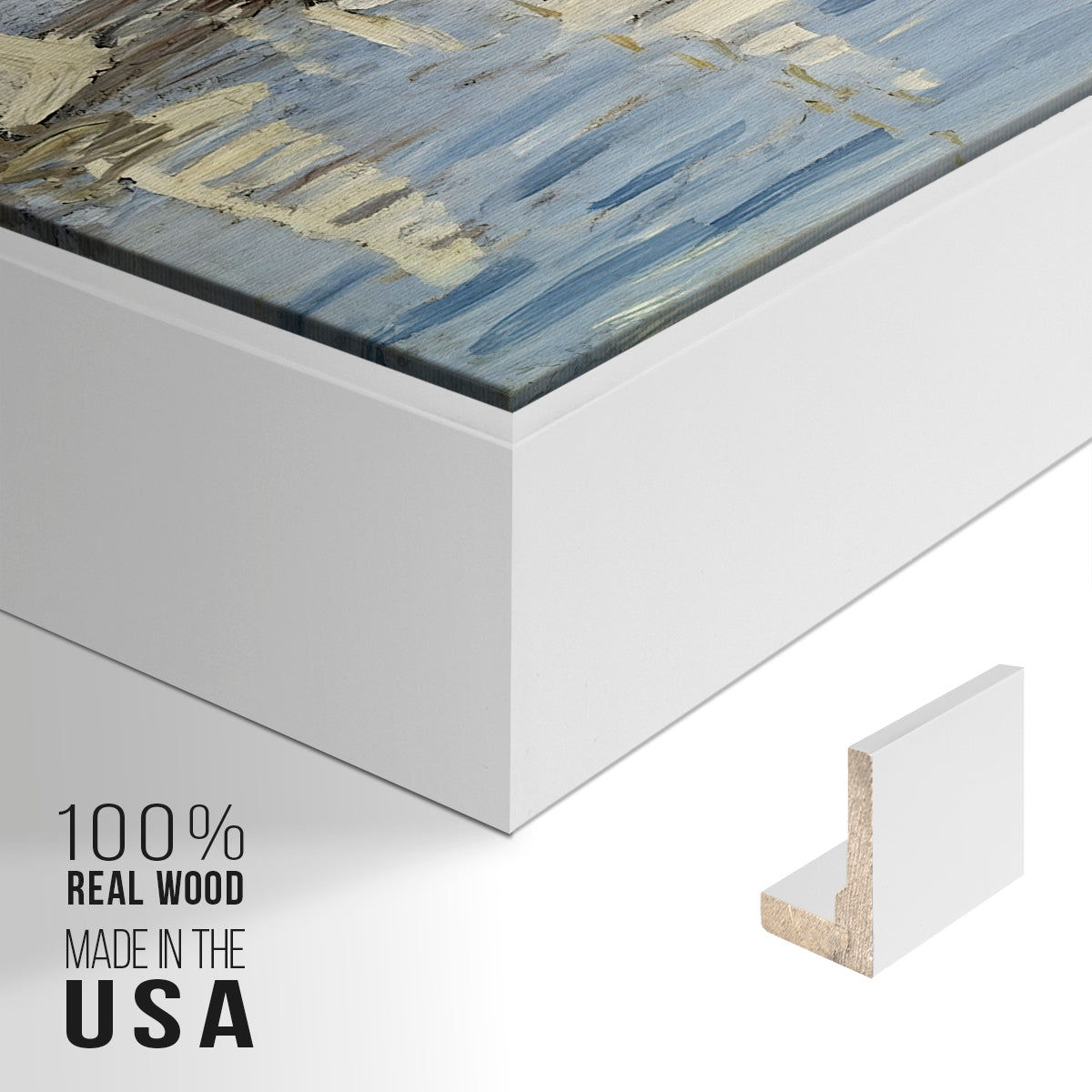 Close-up of the white floater frame corner and gallery wrapped canvas construction.