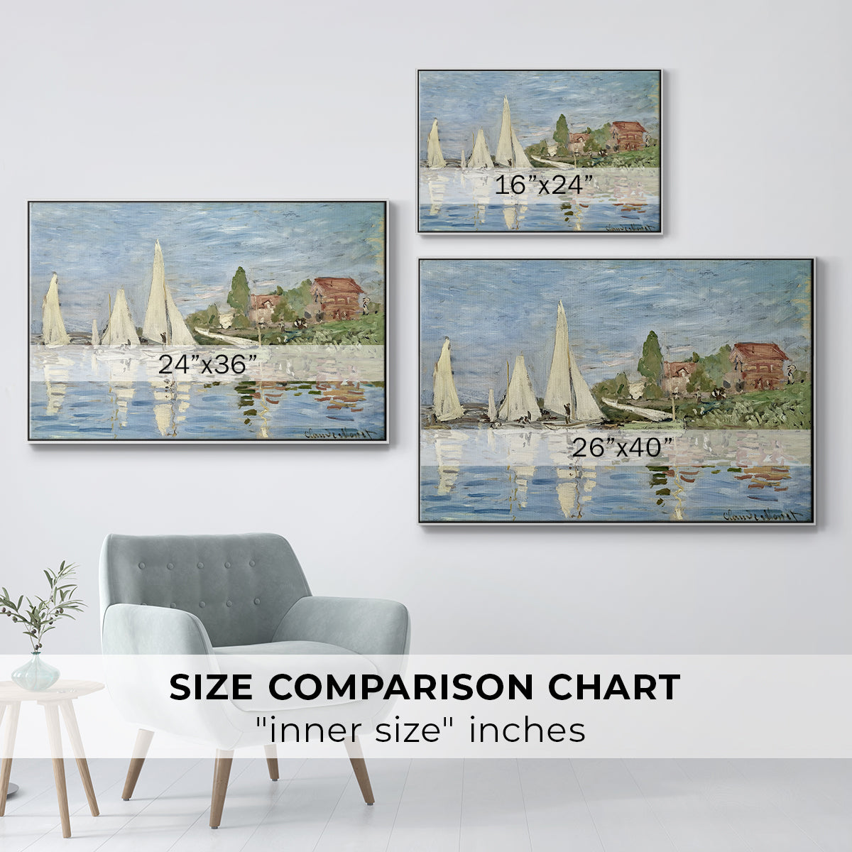 Size comparison chart for white floater framed canvas featuring Regatta at Argenteuil, 1872 by Claude Monet.