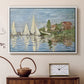 White floater framed canvas featuring an impressionist depiction of sailing competition on water, displayed above a cabinet in a soft-toned living room.