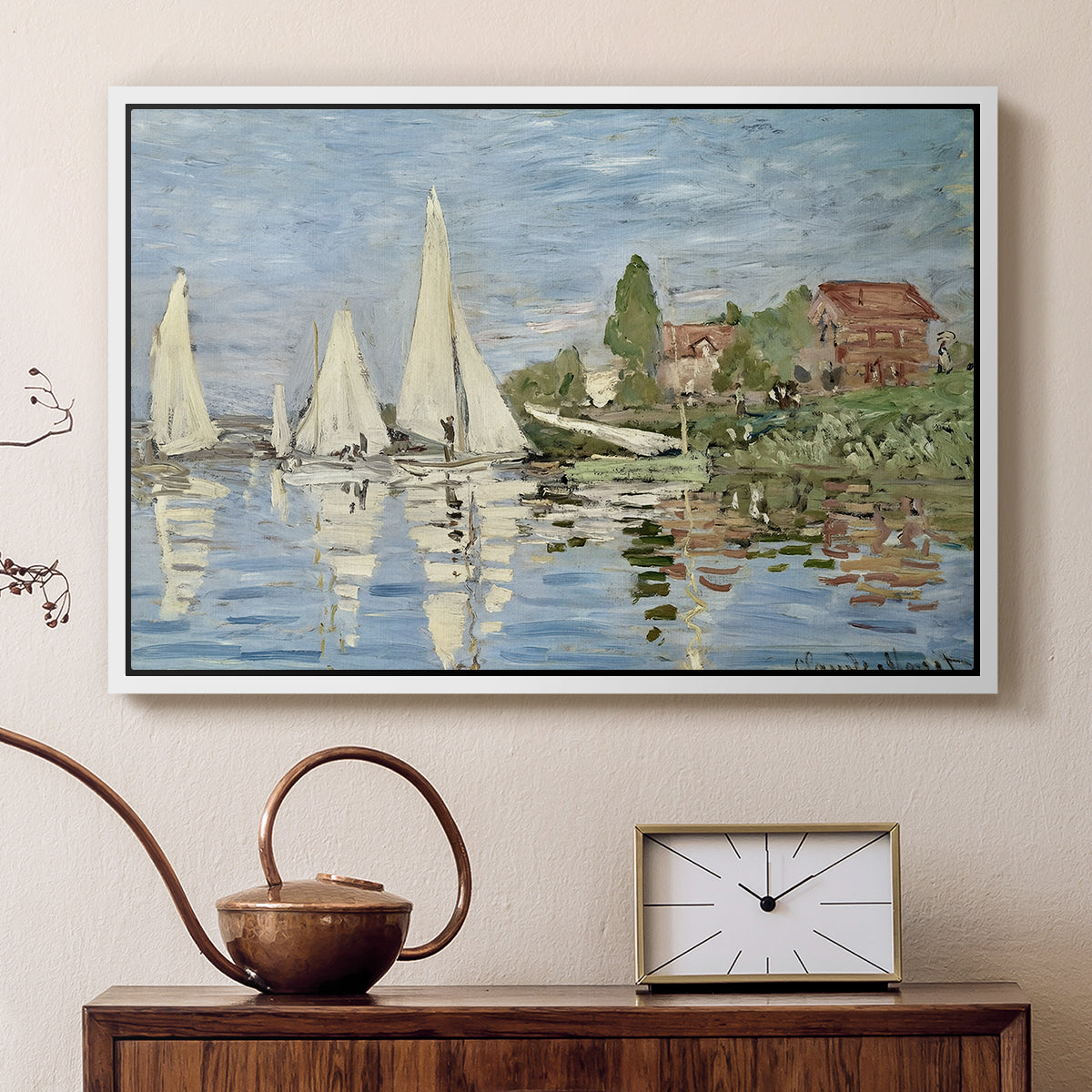 White floater framed canvas featuring an impressionist depiction of sailing competition on water, displayed above a cabinet in a soft-toned living room.