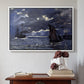 White floater framed canvas featuring A Seascape, Shipping by Moonlight, 1864 by Claude Monet above an entryway table in a minimalist foyer.