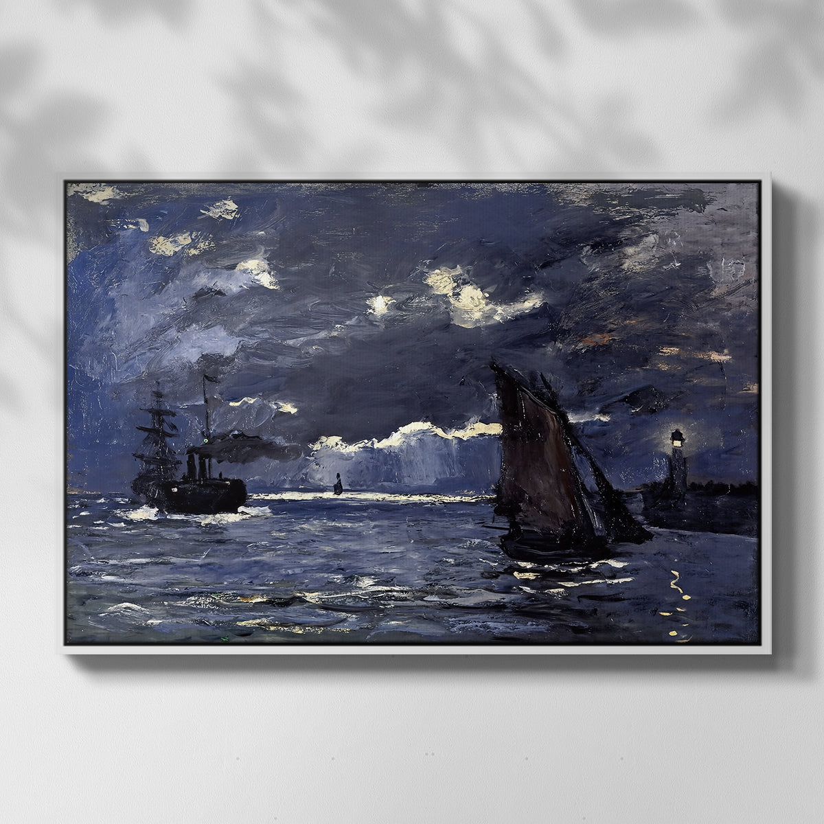 Front view of A Seascape, Shipping by Moonlight, 1864 by Claude Monet in a white floater framed canvas.