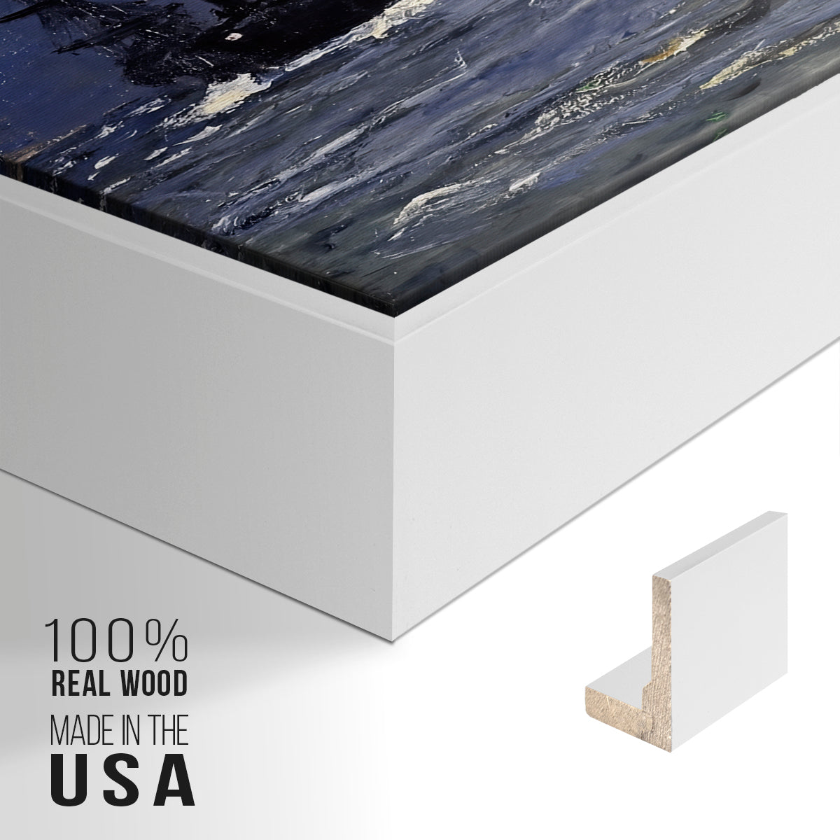 Close-up of the white floater frame corner and gallery wrapped canvas construction.