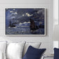 A Seascape, Shipping by Moonlight, 1864 by Claude Monet displayed above a sofa in a living room in a white floater frame, featuring a nocturnal seascape with boats silhouetted against glowing moon.