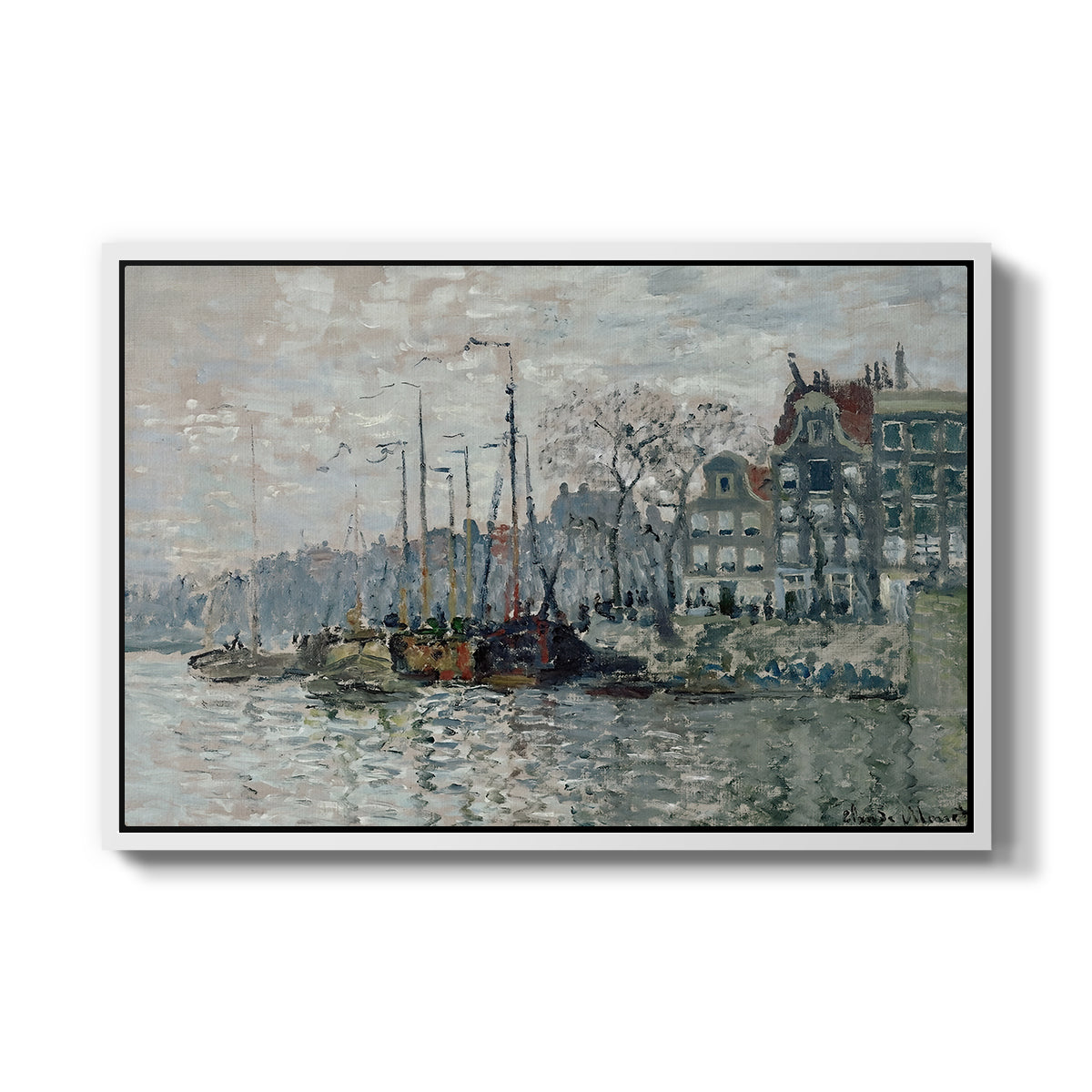 View of the Prins Hendrikkade and Kromme Waal in Amsterdam, 1874 by Claude Monet in a white floater framed canvas wall art display.