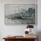 White floater framed canvas featuring View of the Prins Hendrikkade and Kromme Waal in Amsterdam, 1874 by Claude Monet above an entryway table in a minimalist foyer.
