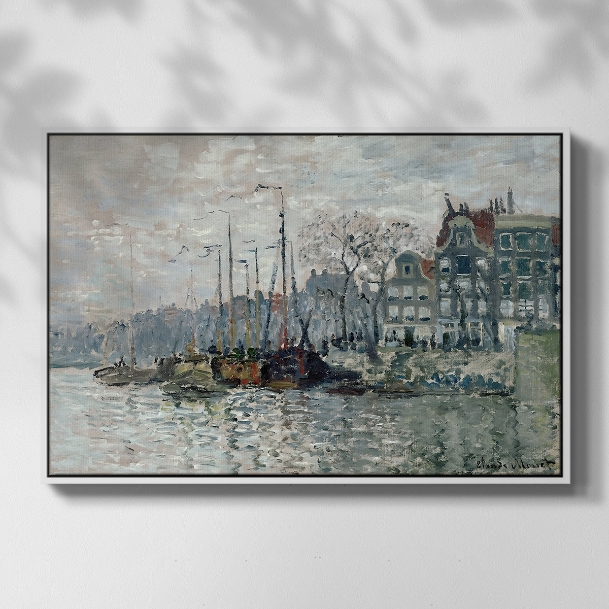 Front view of View of the Prins Hendrikkade and Kromme Waal in Amsterdam, 1874 by Claude Monet in a white floater framed canvas.