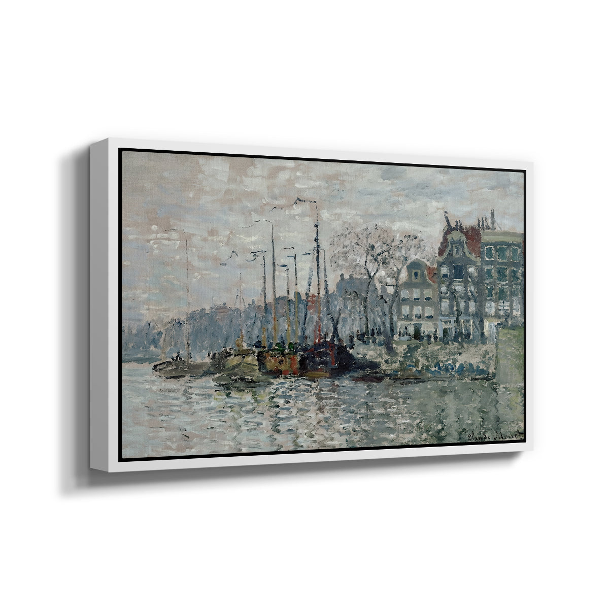 Angled view of View of the Prins Hendrikkade and Kromme Waal in Amsterdam, 1874 by Claude Monet in a white floater framed canvas.