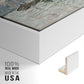 Close-up of the white floater frame corner and gallery wrapped canvas construction.