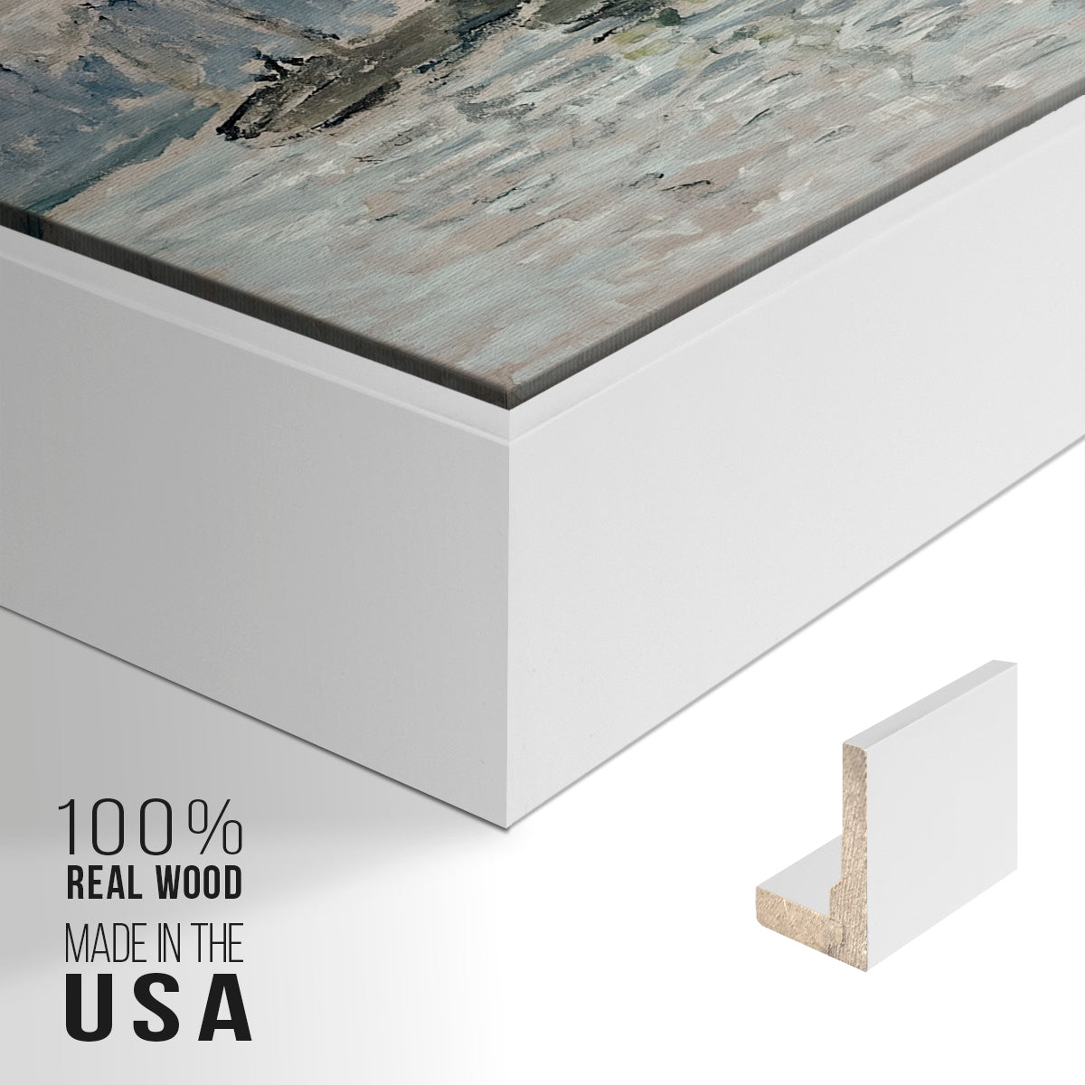Close-up of the white floater frame corner and gallery wrapped canvas construction.