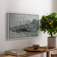 View of the Prins Hendrikkade and Kromme Waal in Amsterdam, 1874 by Claude Monet, presented in a white floater framed canvas featuring a canal scene with boats and buildings lining waterfront in Amsterdam, displayed above a hallway console table.