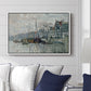 View of the Prins Hendrikkade and Kromme Waal in Amsterdam, 1874 by Claude Monet displayed above a sofa in a living room in a white floater frame, featuring an impressionist cityscape of canal with ships and architecture.