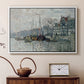 White floater framed canvas featuring an urban waterway with docked boats and European buildings, displayed above a cabinet in a soft-toned living room.