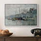 View of the Prins Hendrikkade and Kromme Waal in Amsterdam, 1874 by Claude Monet in a white floater framed canvas displayed above a console table in a hallway, featuring a harbor view with masts, houses, and reflections in water.