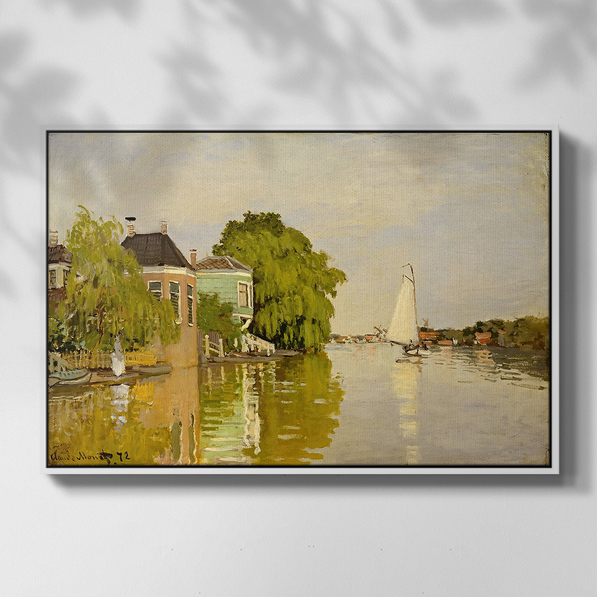 Front view of Houses on the Achterzaan, 1871 by Claude Monet in a white floater framed canvas.