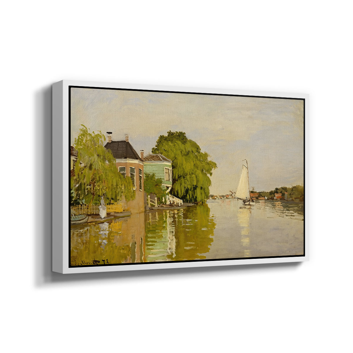 Angled view of Houses on the Achterzaan, 1871 by Claude Monet in a white floater framed canvas.