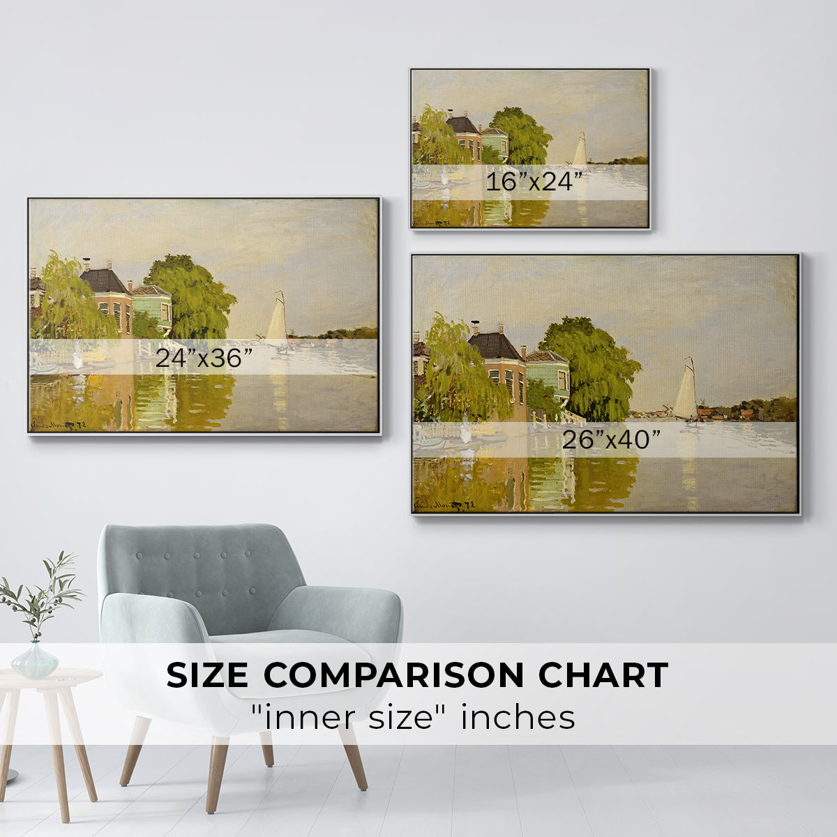 Size comparison chart for white floater framed canvas featuring Houses on the Achterzaan, 1871 by Claude Monet.