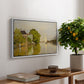 Houses on the Achterzaan, 1871 by Claude Monet, presented in a white floater framed canvas featuring colorful houses reflected in calm river surrounded by greenery, displayed above a hallway console table.