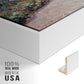 Close-up of the white floater frame corner and gallery wrapped canvas construction.