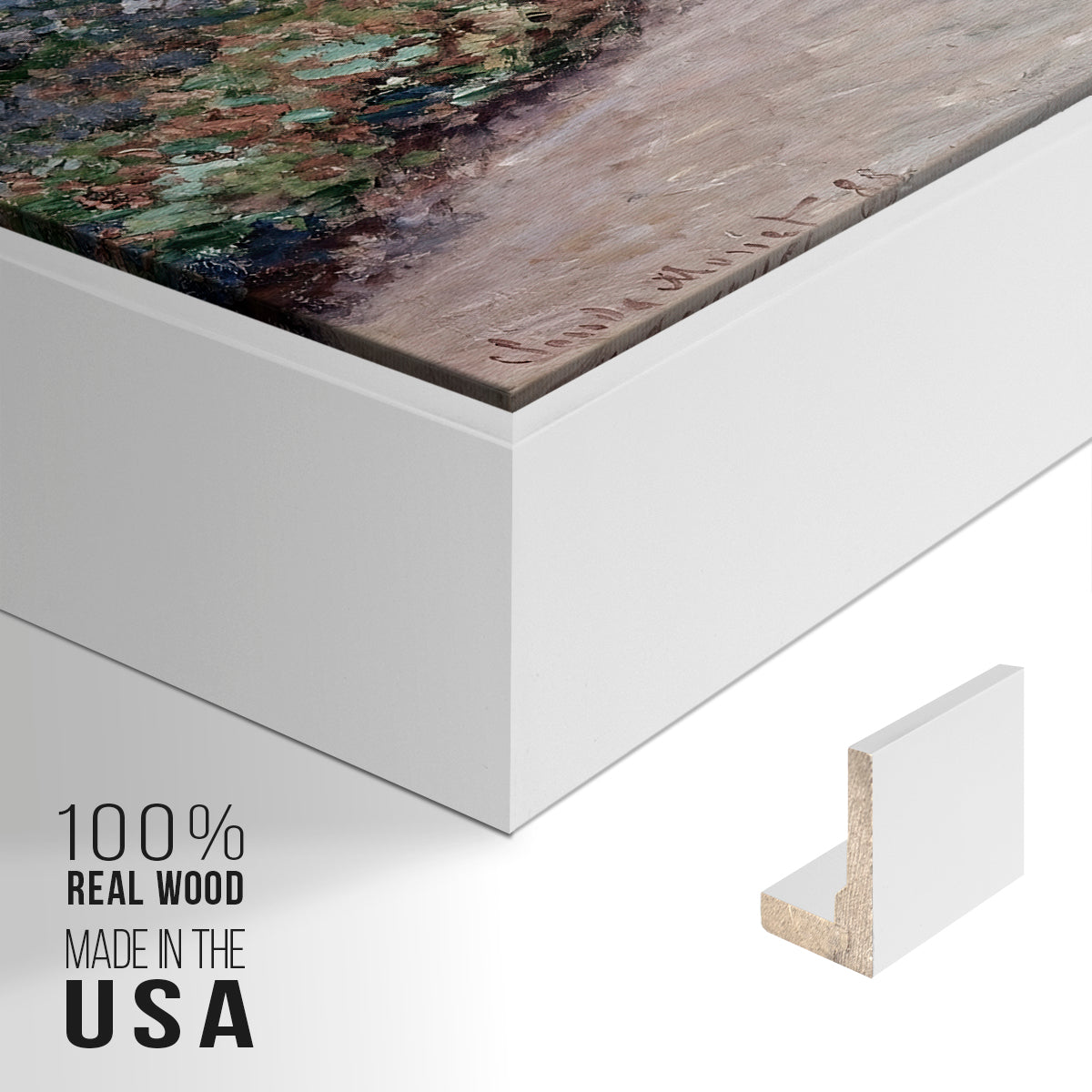 Close-up of the white floater frame corner and gallery wrapped canvas construction.