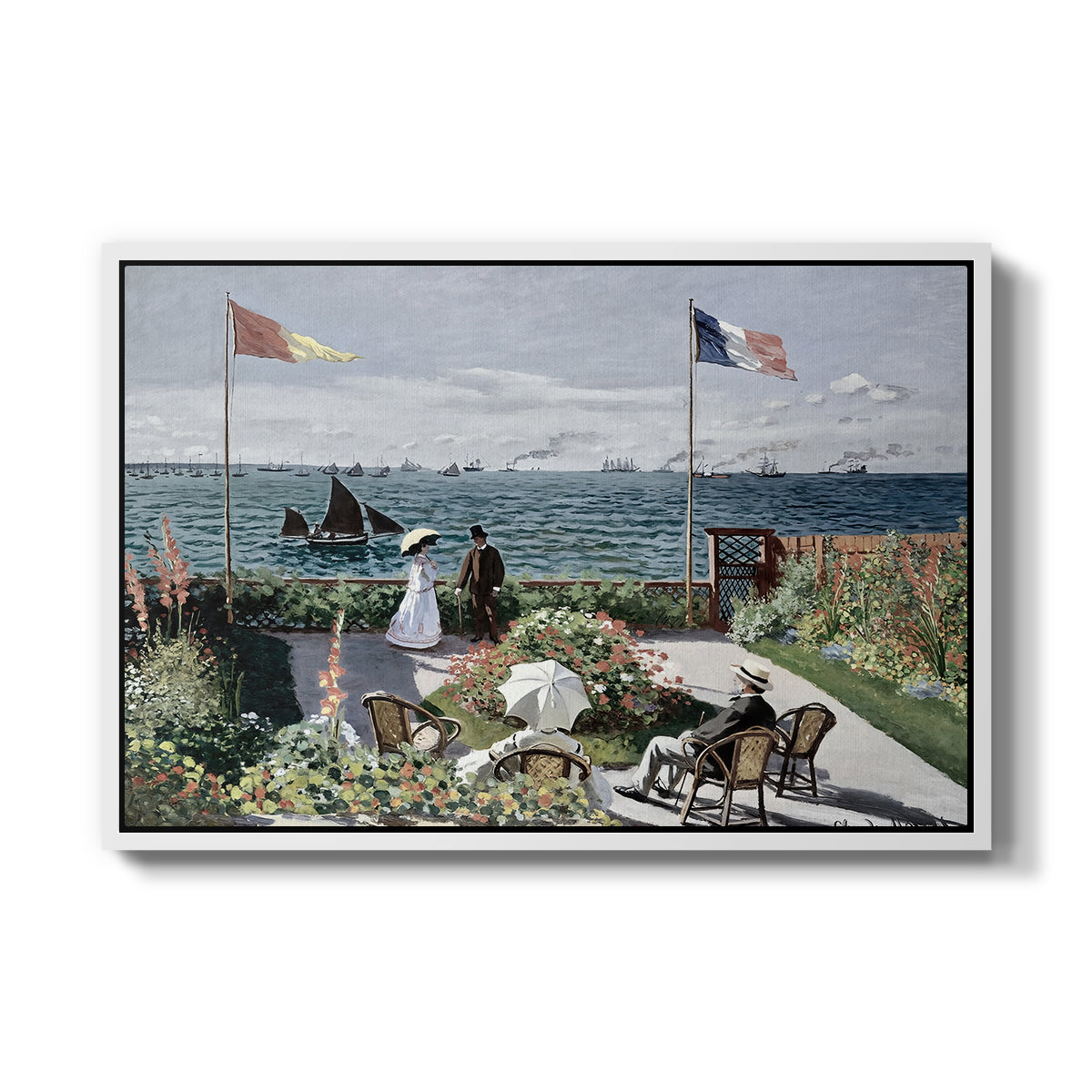 Garden at Sainte-Adresse, 1867 by Claude Monet in a white floater framed canvas wall art display.