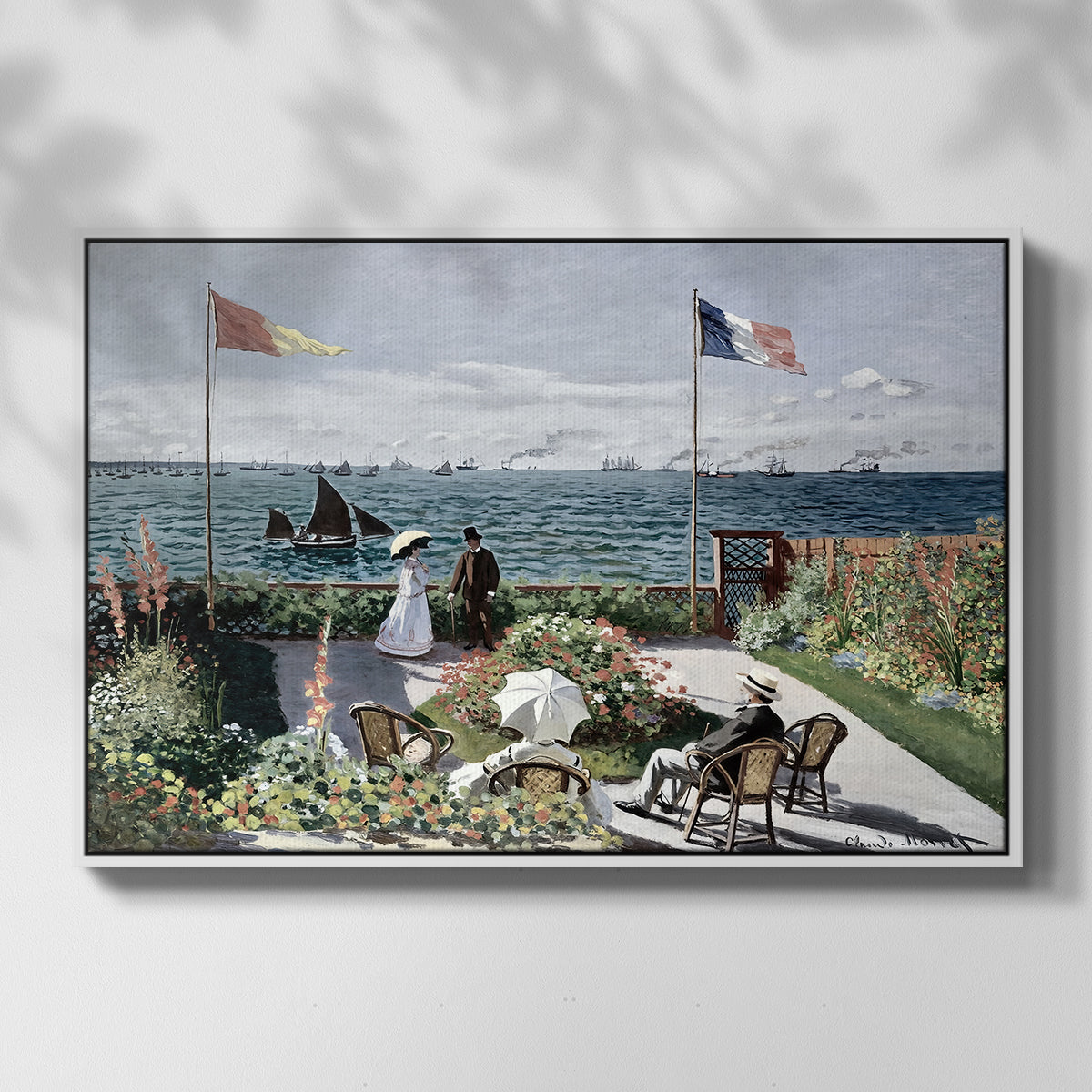 Front view of Garden at Sainte-Adresse, 1867 by Claude Monet in a white floater framed canvas.