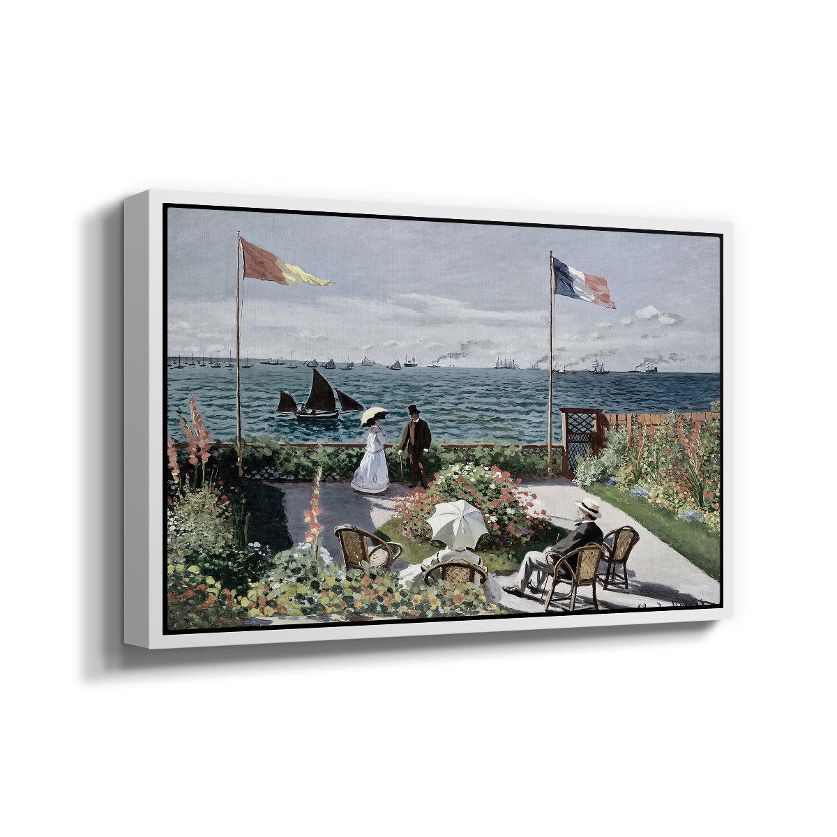 Angled view of Garden at Sainte-Adresse, 1867 by Claude Monet in a white floater framed canvas.