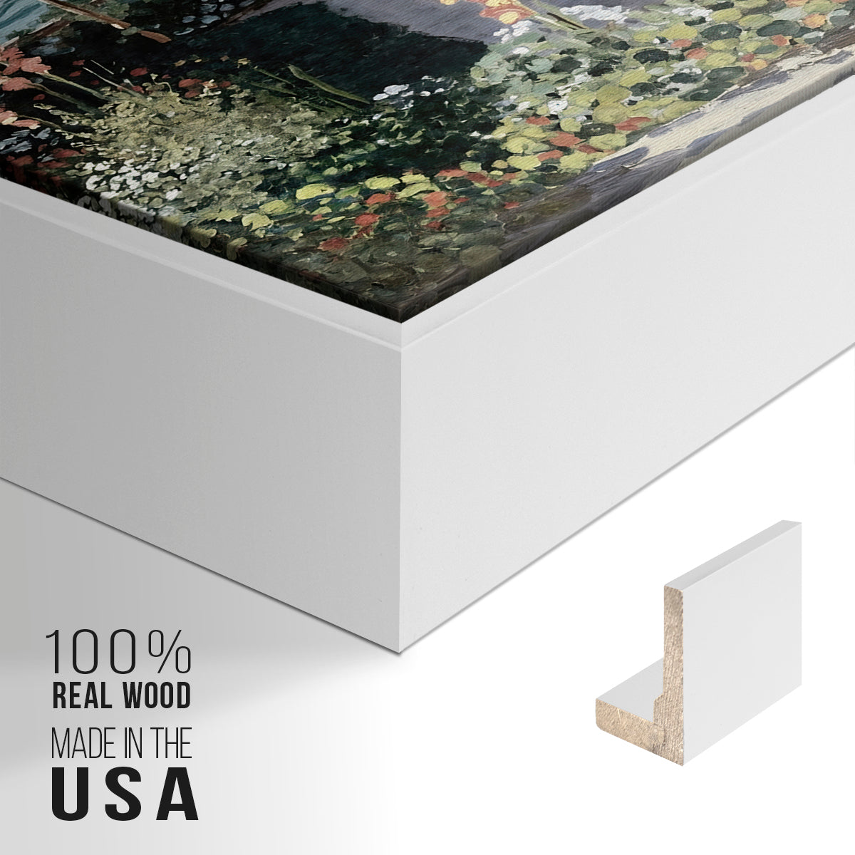 Close-up of the white floater frame corner and gallery wrapped canvas construction.