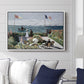 Garden at Sainte-Adresse, 1867 by Claude Monet displayed above a sofa in a living room in a white floater frame, featuring an impressionist coastal garden with people and ocean view.