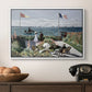 Garden at Sainte-Adresse, 1867 by Claude Monet in a white floater framed canvas displayed above a console table in a hallway, featuring a landscaped terrace with figures and flags near shoreline.