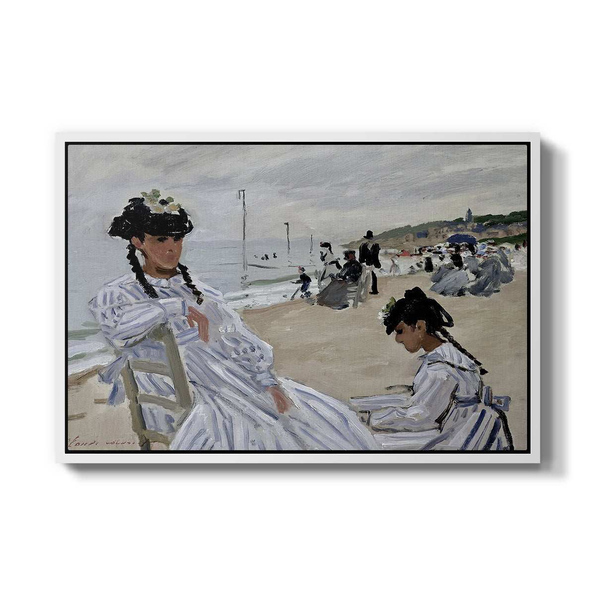 On the Beach at Trouville, 1870 by Claude Monet in a white floater framed canvas wall art display.