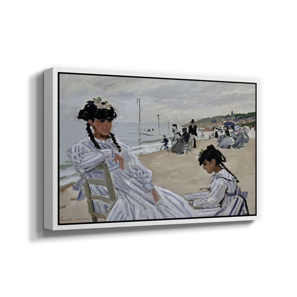 Angled view of On the Beach at Trouville, 1870 by Claude Monet in a white floater framed canvas.
