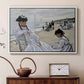 White floater framed canvas featuring a beach setting with people relaxing under umbrellas, displayed above a cabinet in a soft-toned living room.