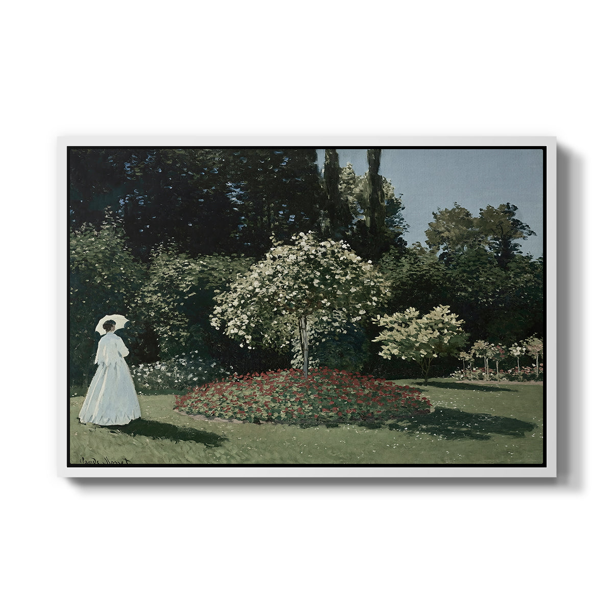 Woman in the Garden, Sainte-Adresse, 1867 by Claude Monet in a white floater framed canvas wall art display.