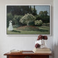 White floater framed canvas featuring Woman in the Garden, Sainte-Adresse, 1867 by Claude Monet above an entryway table in a minimalist foyer.